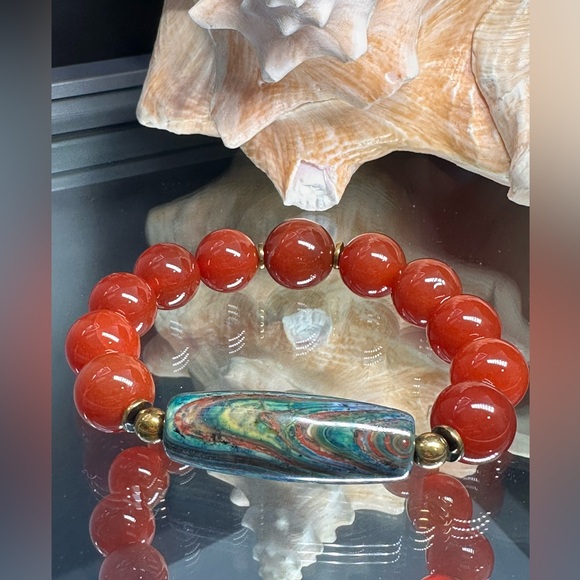 CARNELIAN + OCEAN JASPER NATURAL STONES BRACELET size 7 - Picture 2 of 12